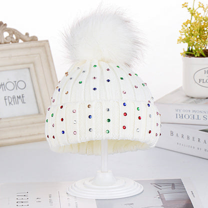 Wholesale Autumn and Winter Children's Fur Ball Knitted Hats Colorful Diamond Acrylic Ear Protection Hats