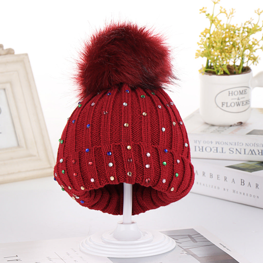 Wholesale Autumn and Winter Children's Fur Ball Knitted Hats Colorful Diamond Acrylic Ear Protection Hats