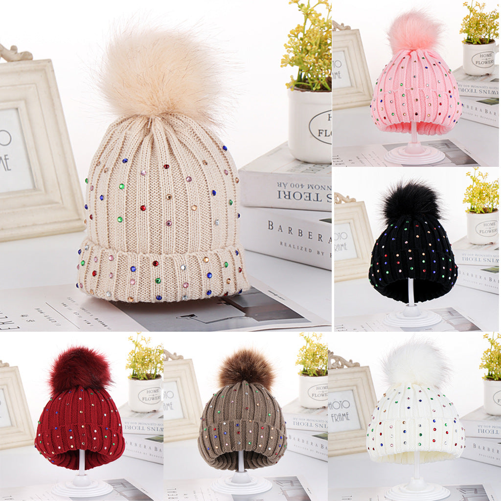 Wholesale Autumn and Winter Children's Fur Ball Knitted Hats Colorful Diamond Acrylic Ear Protection Hats