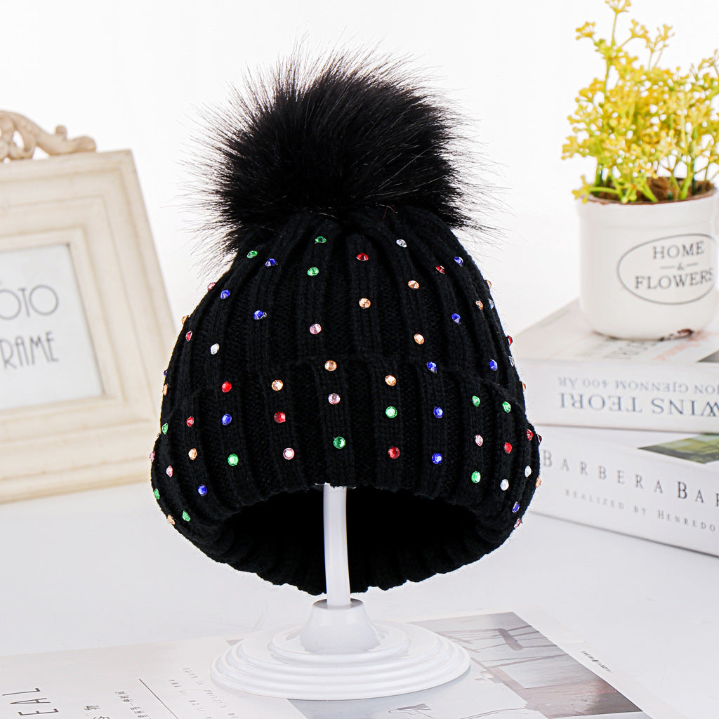 Wholesale Autumn and Winter Children's Fur Ball Knitted Hats Colorful Diamond Acrylic Ear Protection Hats