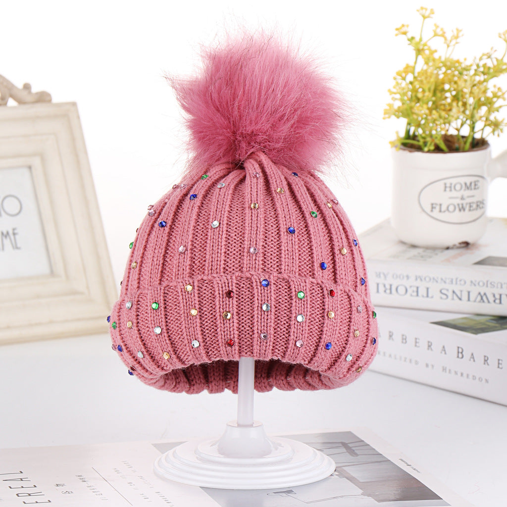 Wholesale Autumn and Winter Children's Fur Ball Knitted Hats Colorful Diamond Acrylic Ear Protection Hats