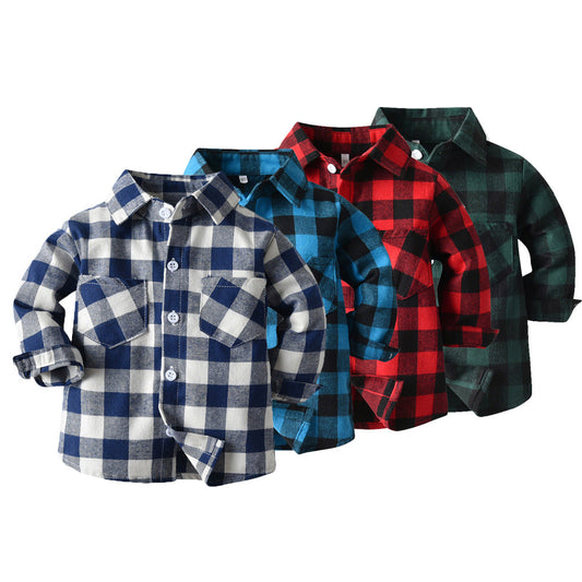 Wholesale Boys' Cotton Double Pocket Long Sleeved Cardigan Plaid Lapel Kids Shirt