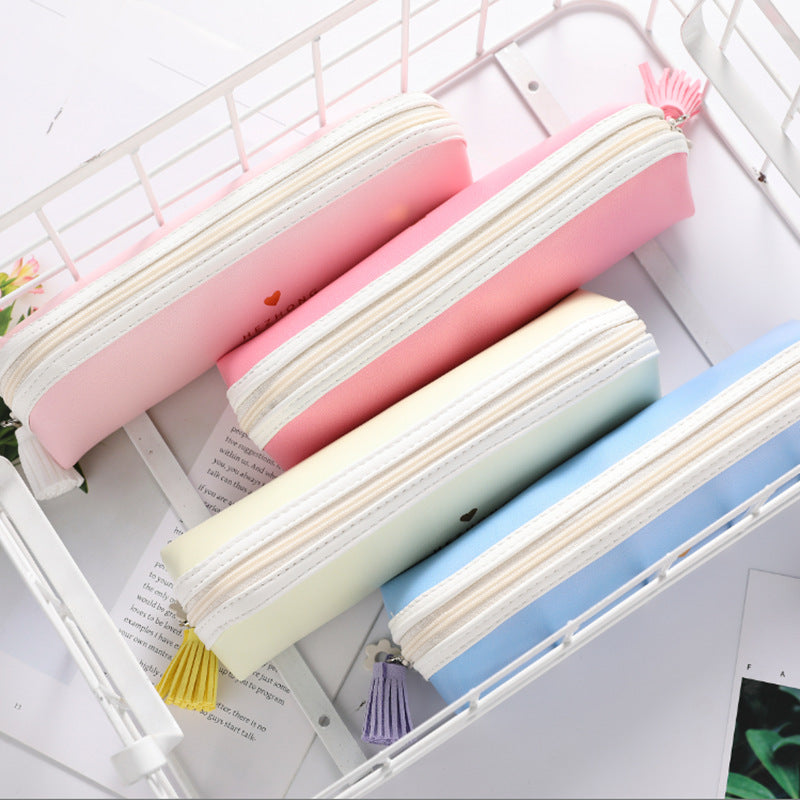 Solid Color Pu Tassel Round Triangle Pencil Bag