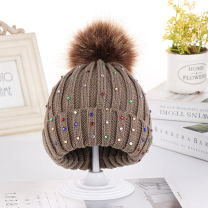 Wholesale Autumn and Winter Children's Fur Ball Knitted Hats Colorful Diamond Acrylic Ear Protection Hats