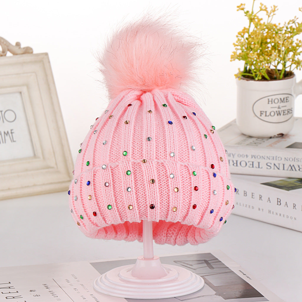 Wholesale Autumn and Winter Children's Fur Ball Knitted Hats Colorful Diamond Acrylic Ear Protection Hats