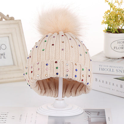 Wholesale Autumn and Winter Children's Fur Ball Knitted Hats Colorful Diamond Acrylic Ear Protection Hats