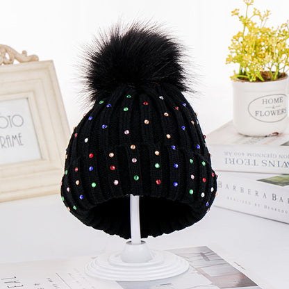 Wholesale Autumn and Winter Children's Fur Ball Knitted Hats Colorful Diamond Acrylic Ear Protection Hats