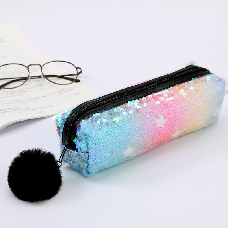 Fur Ball Sequin Pencil Case Cosmetic Bag