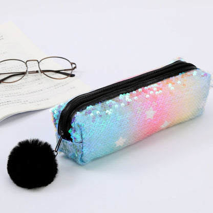 Fur Ball Sequin Pencil Case Cosmetic Bag