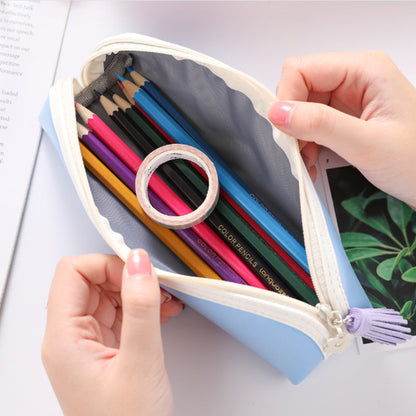 Solid Color Pu Tassel Round Triangle Pencil Bag