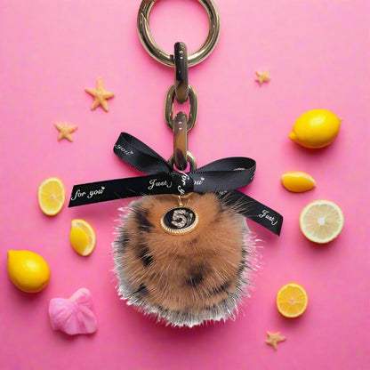 Alloy Leopard Print Mink Hair Ball Key Chain