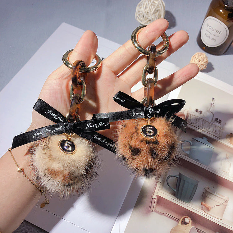 Alloy Leopard Print Mink Hair Ball Key Chain