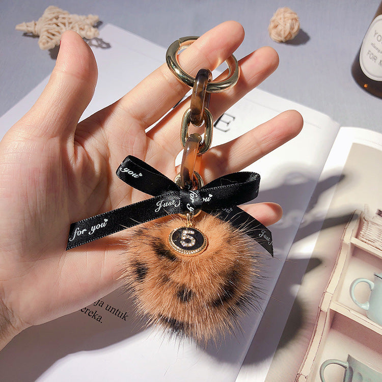 Alloy Leopard Print Mink Hair Ball Key Chain