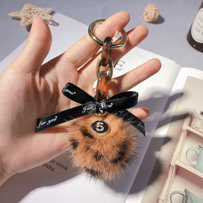 Alloy Leopard Print Mink Hair Ball Key Chain