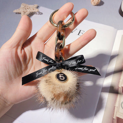Alloy Leopard Print Mink Hair Ball Key Chain