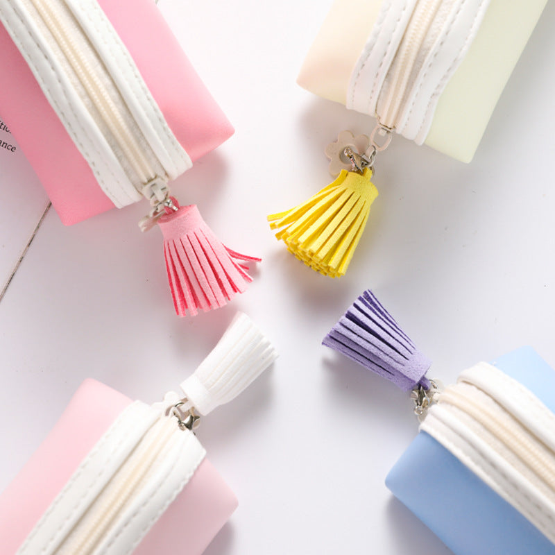 Solid Color Pu Tassel Round Triangle Pencil Bag