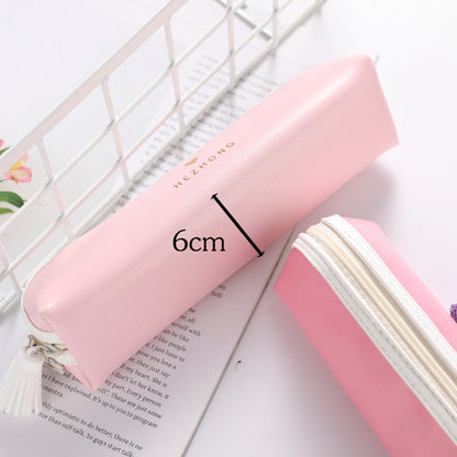 Solid Color Pu Tassel Round Triangle Pencil Bag