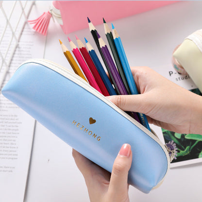 Solid Color Pu Tassel Round Triangle Pencil Bag