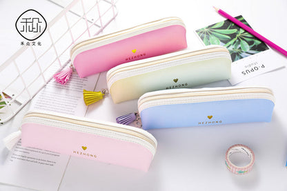 Solid Color Pu Tassel Round Triangle Pencil Bag