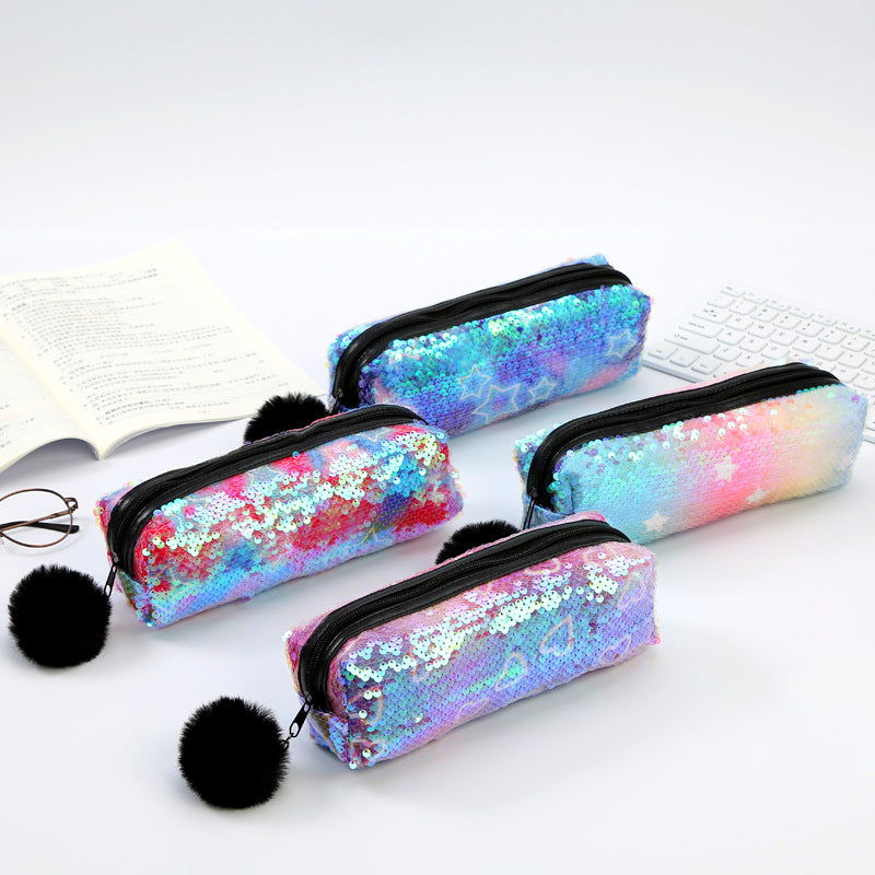 Fur Ball Sequin Pencil Case Cosmetic Bag