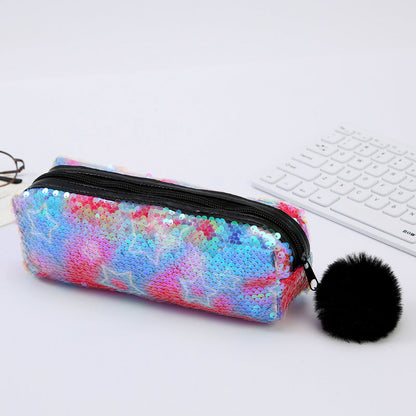 Fur Ball Sequin Pencil Case Cosmetic Bag