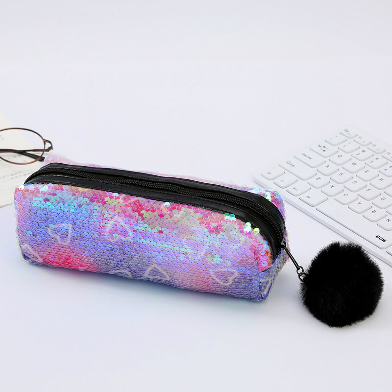 Fur Ball Sequin Pencil Case Cosmetic Bag