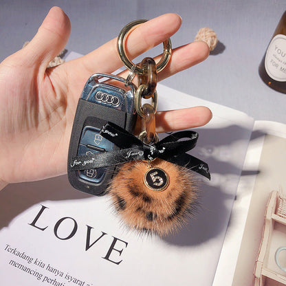 Alloy Leopard Print Mink Hair Ball Key Chain