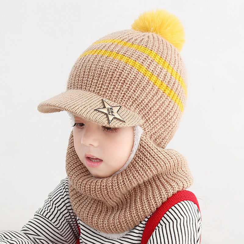 Wholesale Autumn and Winter 5-12 Years Old Middle-aged and Older Children Plus Velvet Scarf Fur Ball Woolen Hat