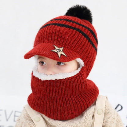 Wholesale Autumn and Winter 5-12 Years Old Middle-aged and Older Children Plus Velvet Scarf Fur Ball Woolen Hat