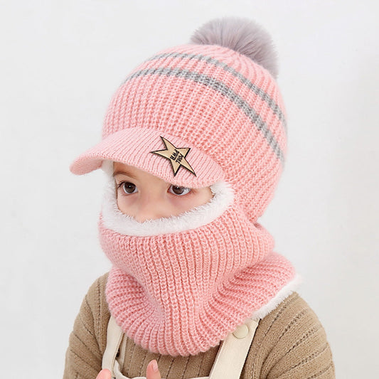 Wholesale Autumn and Winter 5-12 Years Old Middle-aged and Older Children Plus Velvet Scarf Fur Ball Woolen Hat