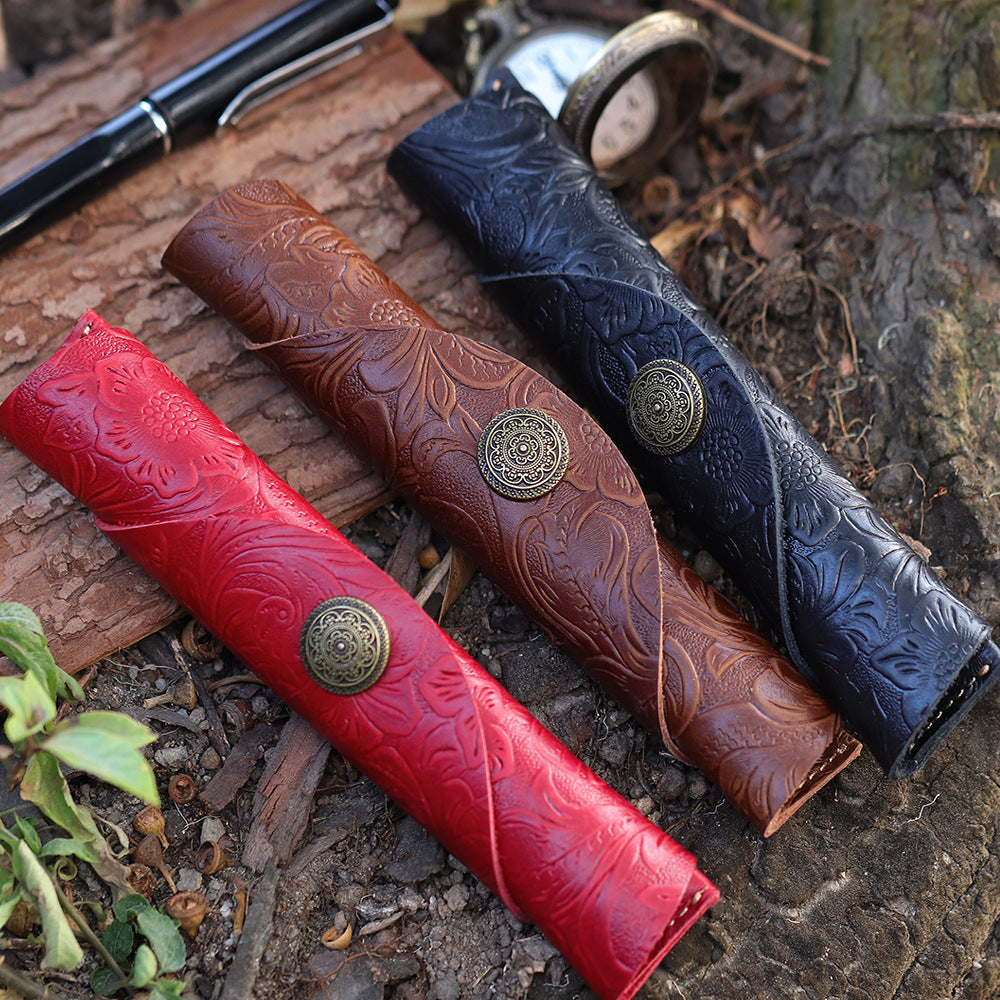 Vintage Genuine Leather Roller Pen Cowhide Protective Cover Pen Bag