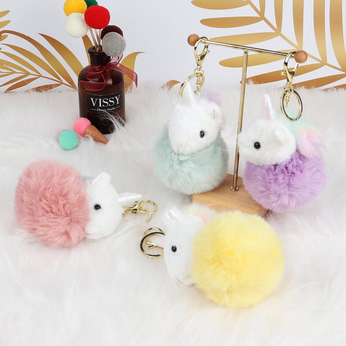 4pcs/pack Aromatherapy Fur Ball Unicorn Keychain