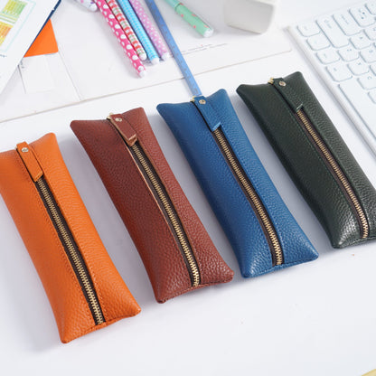 First Layer Litchi Zipper Genuine Leather Pencil Case