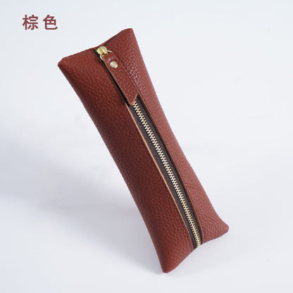 First Layer Litchi Zipper Genuine Leather Pencil Case