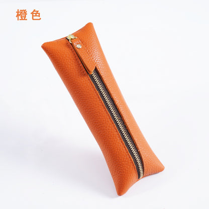 First Layer Litchi Zipper Genuine Leather Pencil Case