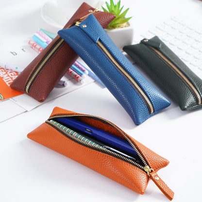 First Layer Litchi Zipper Genuine Leather Pencil Case