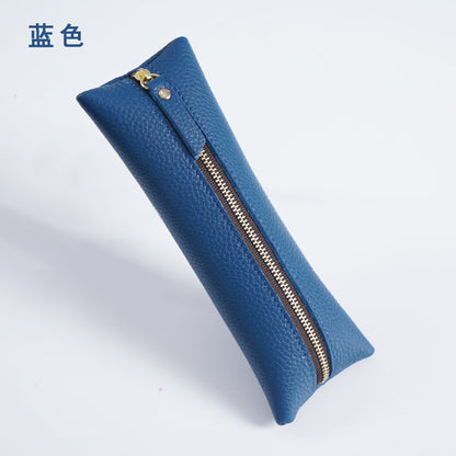 First Layer Litchi Zipper Genuine Leather Pencil Case