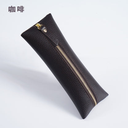 First Layer Litchi Zipper Genuine Leather Pencil Case