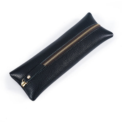 First Layer Litchi Zipper Genuine Leather Pencil Case