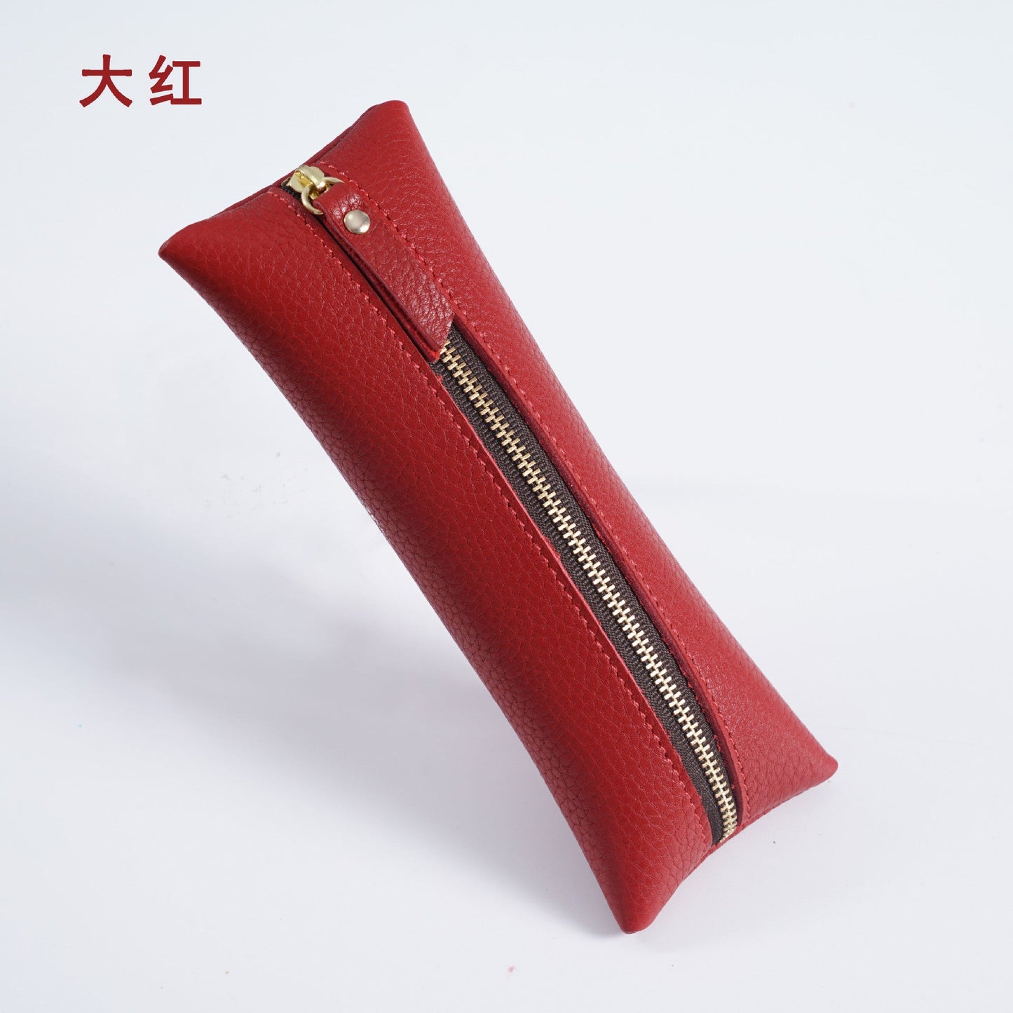 First Layer Litchi Zipper Genuine Leather Pencil Case