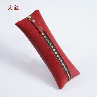 First Layer Litchi Zipper Genuine Leather Pencil Case
