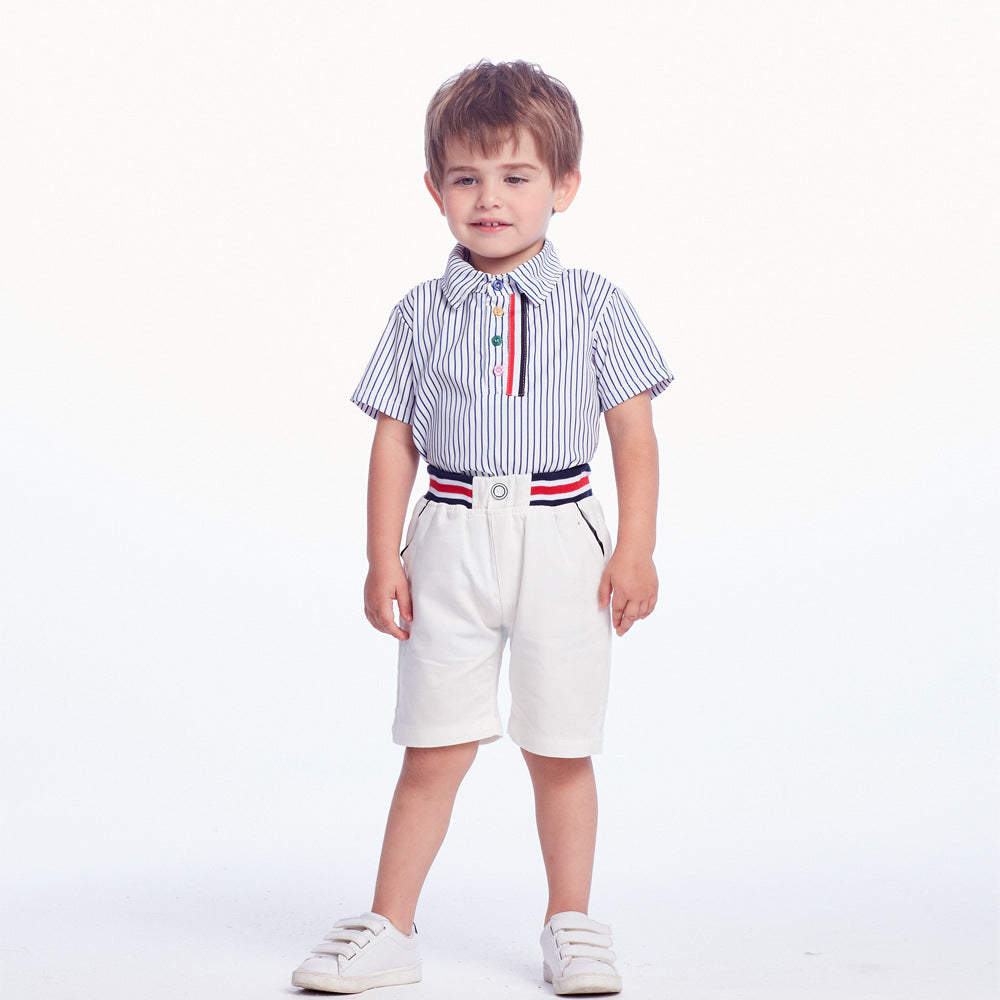 Boys' Cotton Lapel Short Sleeved Striped Shirt Casual Pants Set
