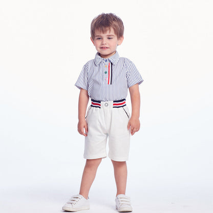 Boys' Cotton Lapel Short Sleeved Striped Shirt Casual Pants Set