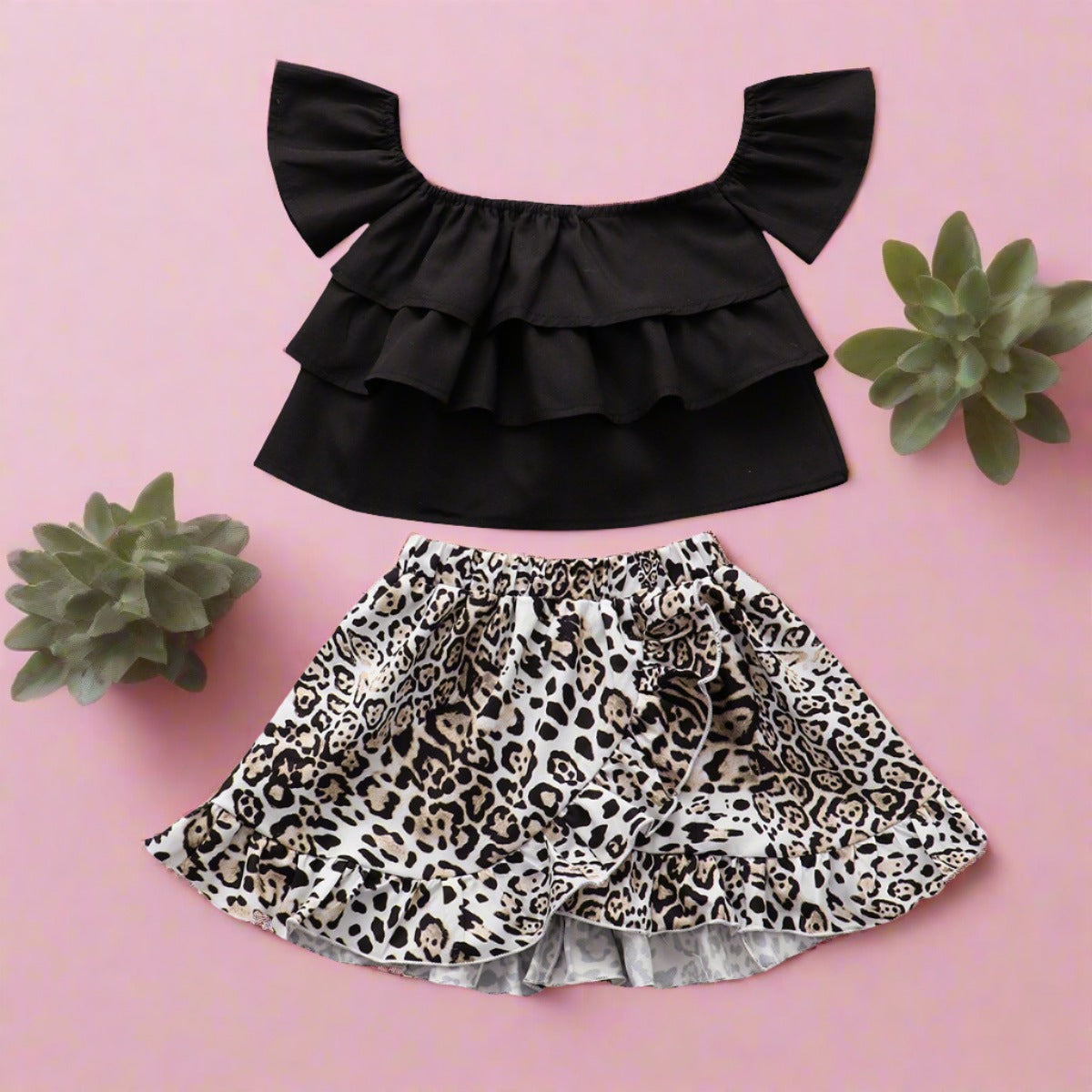 Strapless Top + Leopard Print Irregular Skirt Set Baby Clothes