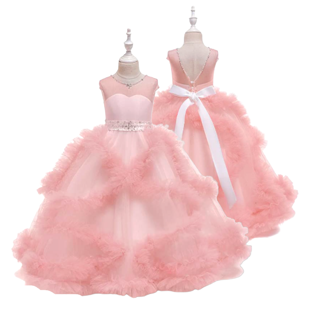 Layered Lace Ruffle and Rhinestone Design Princess Ball Gown