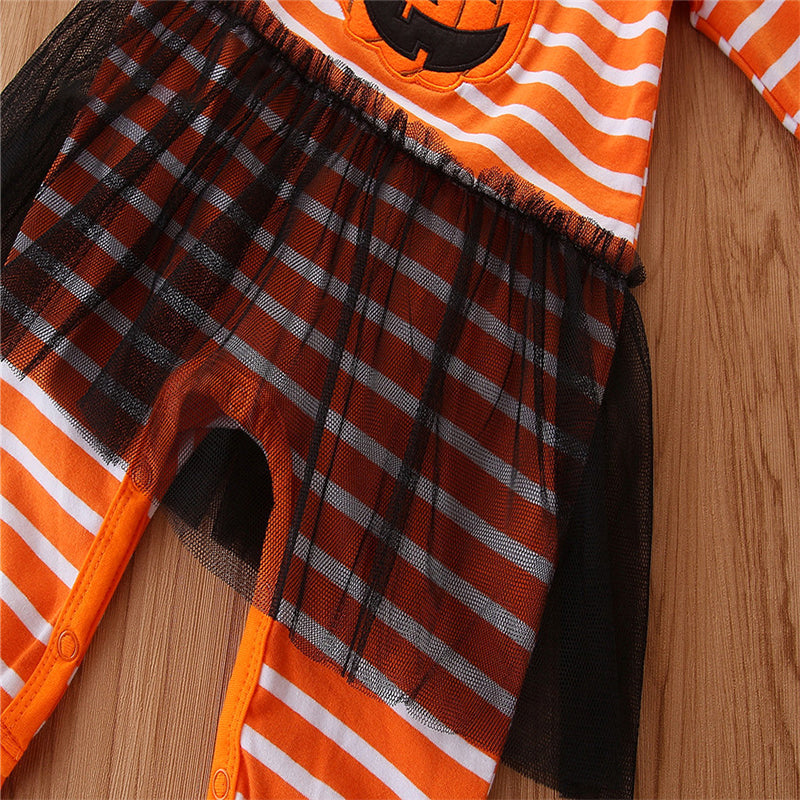 Baby Girls Striped Cartoon Bow Halloween Jumpsuits Headwear