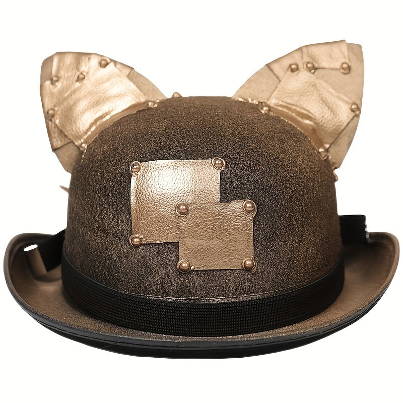 Steampunk Golden Top Hat with Cat Ears & Removable Goggles