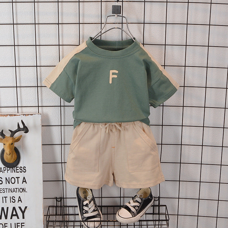 Boys Summer Letter Short Sleeved Shorts Cotton Set