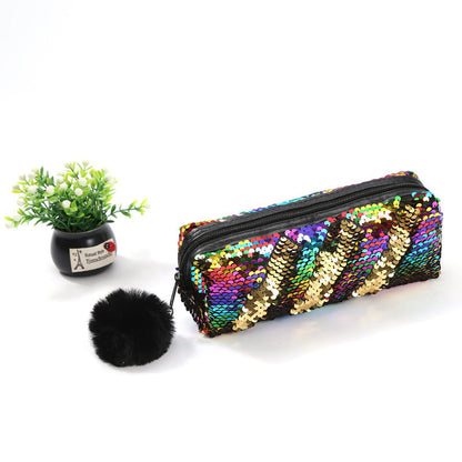 Fur Ball Sequin Pencil Case Cosmetic Bag