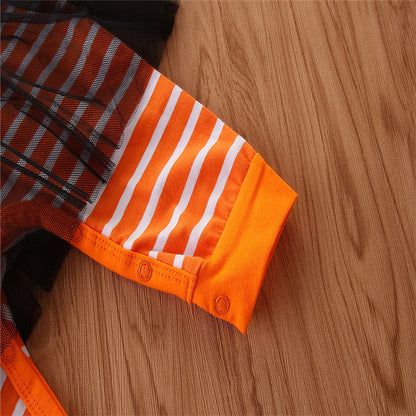 Baby Girls Striped Cartoon Bow Halloween Jumpsuits Headwear